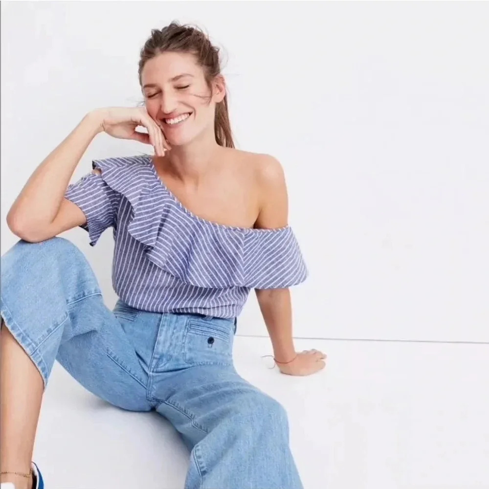 Madewell one-shoulder ruffle top in‎ stripe blue white size 4 Linen Cotton blend